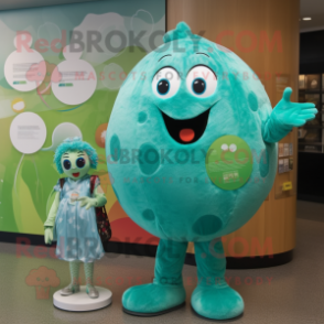 Teal Melon mascot costume character dressed with a Blouse and Coin purses