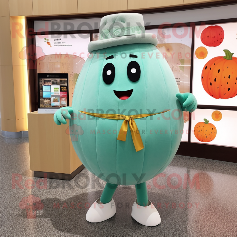 Teal Melon mascot costume character dressed with a Blouse and Coin purses