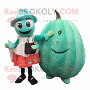 Teal Melon mascot costume character dressed with a Blouse and Coin purses
