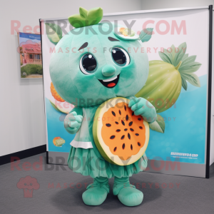 Teal Melon mascot costume character dressed with a Blouse and Coin purses