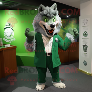 Green Wolf mascot costume character dressed with a Coat and Cufflinks