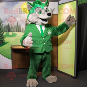 Green Wolf mascot costume character dressed with a Coat and Cufflinks