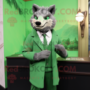Green Wolf mascot costume character dressed with a Coat and Cufflinks