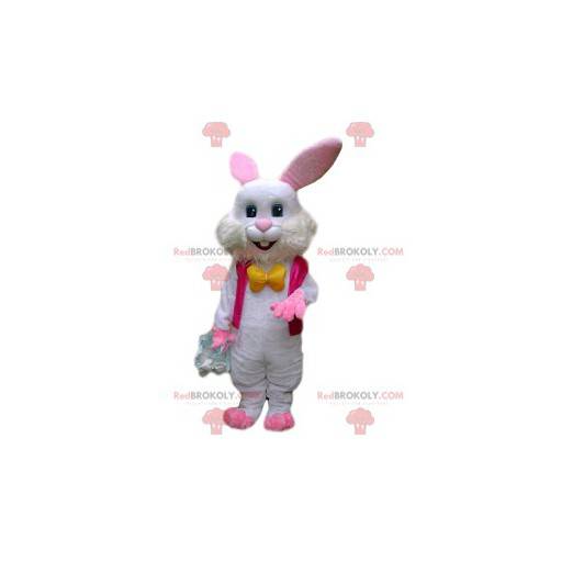 Wit konijn mascotte met een fuchsia jas en een gele strik -