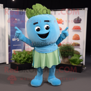 Sky Blue Celery mascot costume character dressed with a Graphic Tee and Wraps