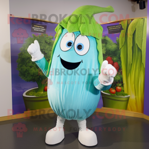 Sky Blue Celery mascot costume character dressed with a Graphic Tee and Wraps