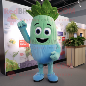 Sky Blue Celery mascot costume character dressed with a Graphic Tee and Wraps