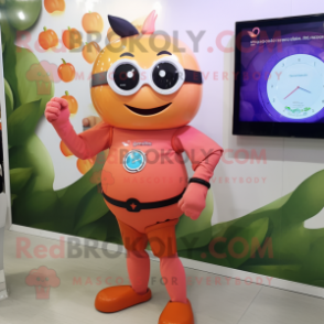 Peach Superhero mascot costume character dressed with a Blouse and Smartwatches