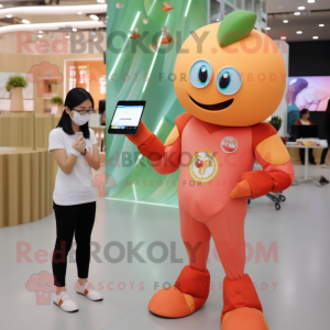 Peach Superhero mascot costume character dressed with a Blouse and Smartwatches