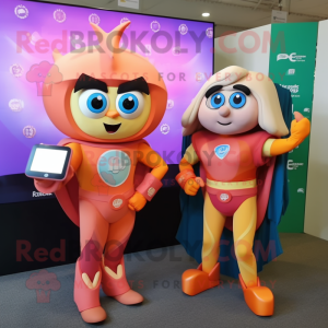 Peach Superhero mascot costume character dressed with a Blouse and Smartwatches