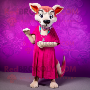 Magenta Dingo mascot costume character dressed with a Maxi Dress and Bracelets