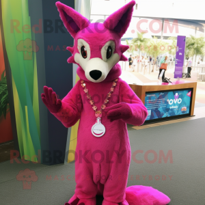 Magenta Dingo mascot costume character dressed with a Maxi Dress and Bracelets