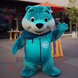 Teal Marmot mascot costume character dressed with a Long Sleeve Tee and Necklaces