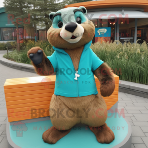Teal Marmot mascot costume character dressed with a Long Sleeve Tee and Necklaces