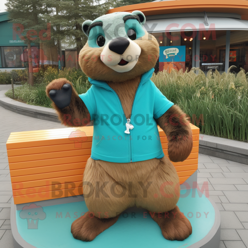Teal Marmot mascot costume character dressed with a Long Sleeve Tee and Necklaces Teal Marmot mascot costume character dressed with a Long Sleeve Tee and Necklaces