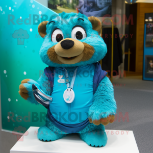 Teal Marmot mascot costume character dressed with a Long Sleeve Tee and Necklaces