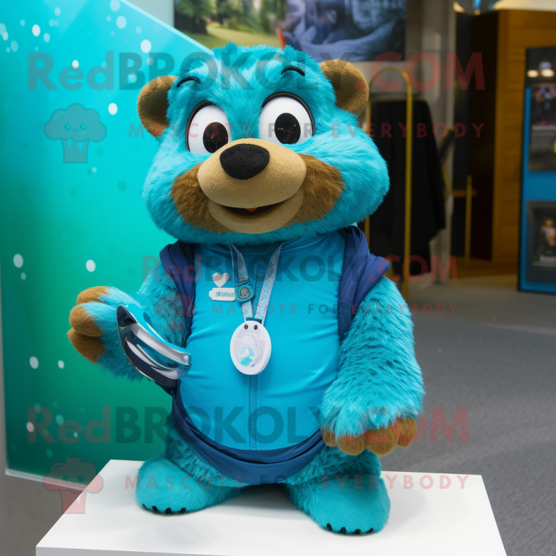 Teal Marmot mascot costume character dressed with a Long Sleeve Tee and Necklaces Teal Marmot mascot costume character dressed with a Long Sleeve Tee and Necklaces