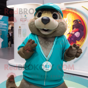 Teal Marmot mascot costume character dressed with a Long Sleeve Tee and Necklaces