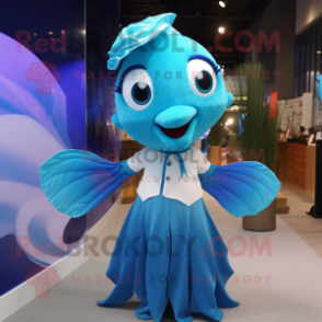 Cyan Betta Fish mascot costume character dressed with a A-Line Skirt and Suspenders