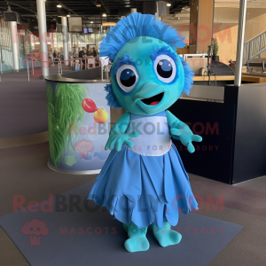 Cyan Betta Fish mascot costume character dressed with a A-Line Skirt and Suspenders