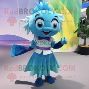 Cyan Betta Fish mascot costume character dressed with a A-Line Skirt and Suspenders