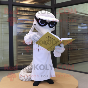 White Python mascot costume character dressed with a Trousers and Reading glasses