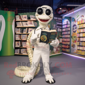 White Python mascot costume character dressed with a Trousers and Reading glasses