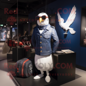 Navy Pigeon mascot costume character dressed with a Biker Jacket and Briefcases