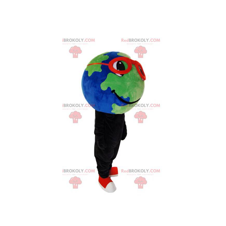 Earth mascotte met rode bril en een mooie glimlach -