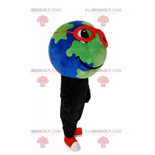 Earth mascotte met rode bril en een mooie glimlach -