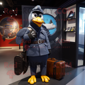 Navy Pigeon mascot costume character dressed with a Biker Jacket and Briefcases
