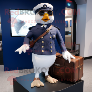 Navy Pigeon mascot costume character dressed with a Biker Jacket and Briefcases