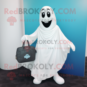 White Ghost mascot costume character dressed with a Dress and Messenger bags