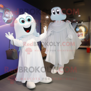 White Ghost mascot costume character dressed with a Dress and Messenger bags