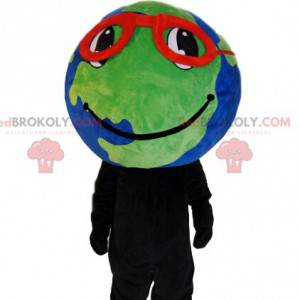 Earth mascotte met rode bril en een mooie glimlach -