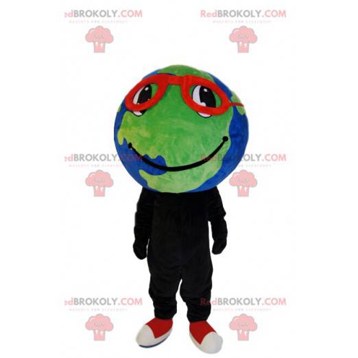 Earth mascotte met rode bril en een mooie glimlach -