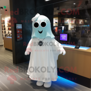 White Ghost mascot costume character dressed with a Dress and Messenger bags