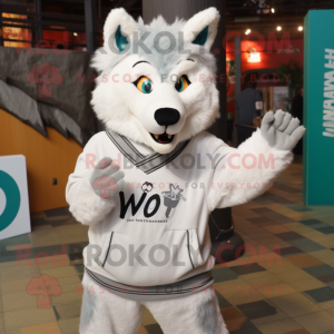 White Say Wolf mascot costume character dressed with a Sweater and Wraps