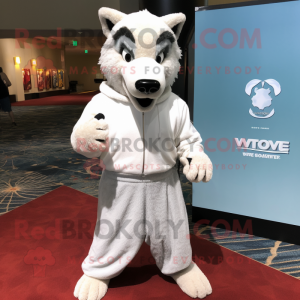 White Say Wolf mascot costume character dressed with a Sweater and Wraps