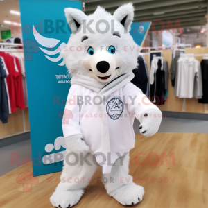 White Say Wolf mascot costume character dressed with a Sweater and Wraps