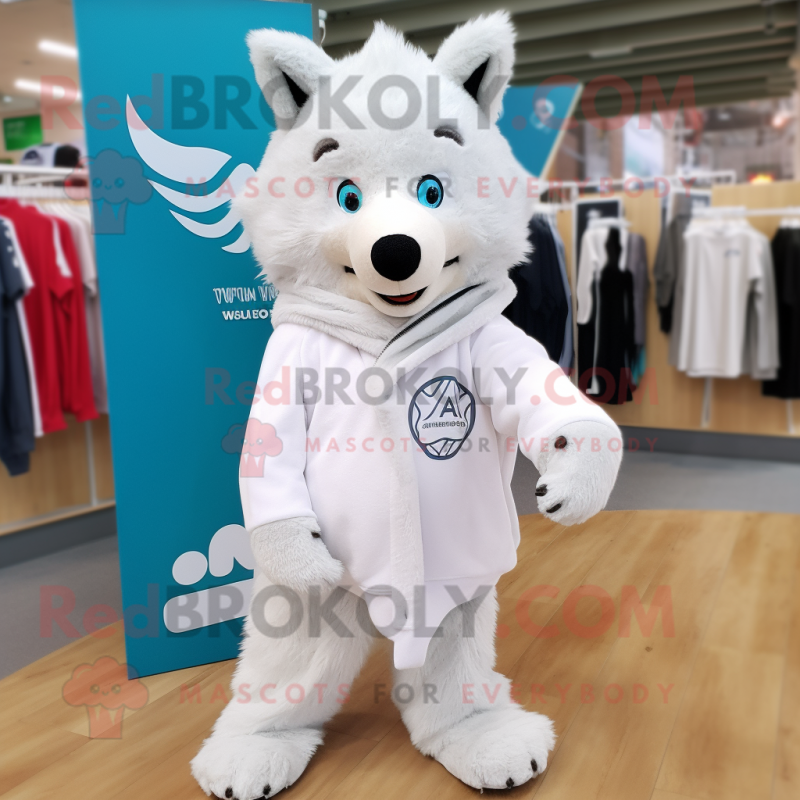 White Say Wolf mascot costume character dressed with a Sweater and Wraps White Say Wolf mascot costume character dressed with a Sweater and Wraps