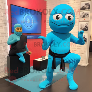Cyan Ninja mascot costume character dressed with a Yoga Pants and Watches