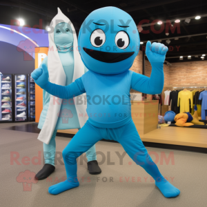 Cyan Ninja mascot costume character dressed with a Yoga Pants and Watches