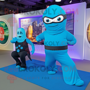 Cyan Ninja mascot costume character dressed with a Yoga Pants and Watches