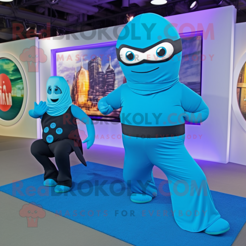 Cyan Ninja mascot costume character dressed with a Yoga Pants and Watches Cyan Ninja mascot costume character dressed with a Yoga Pants and Watches