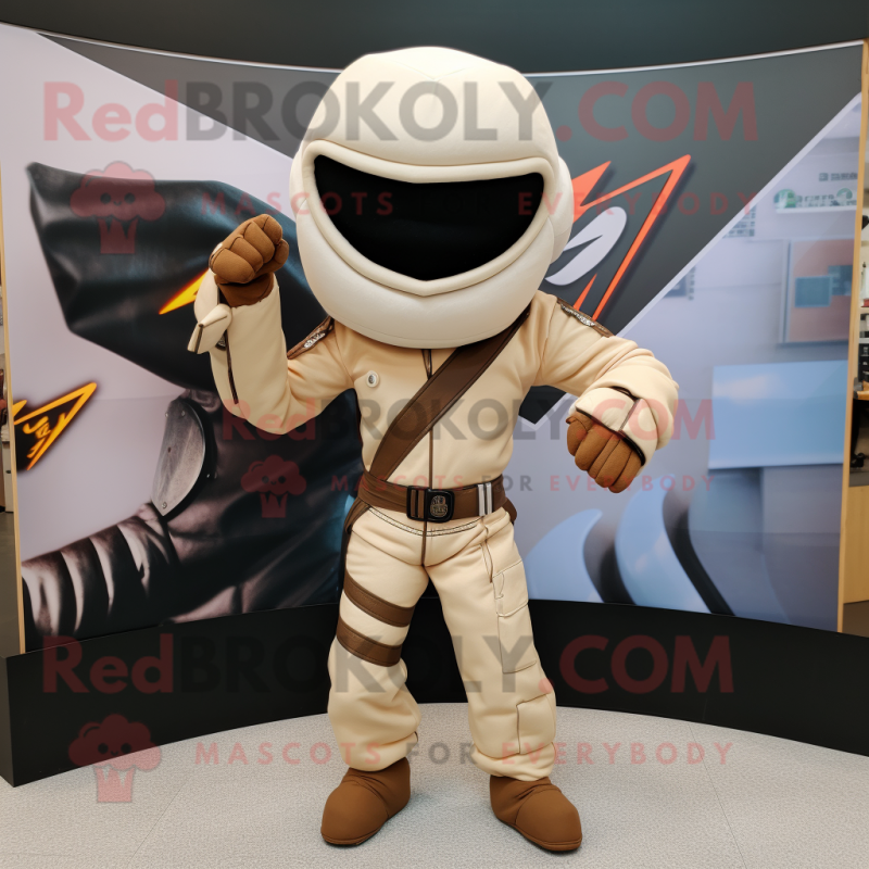 Beige Arrow Of Love mascot costume character dressed with a Moto Jacket and Wraps Beige Arrow Of Love mascot costume character dressed with a Moto Jacket and Wraps
