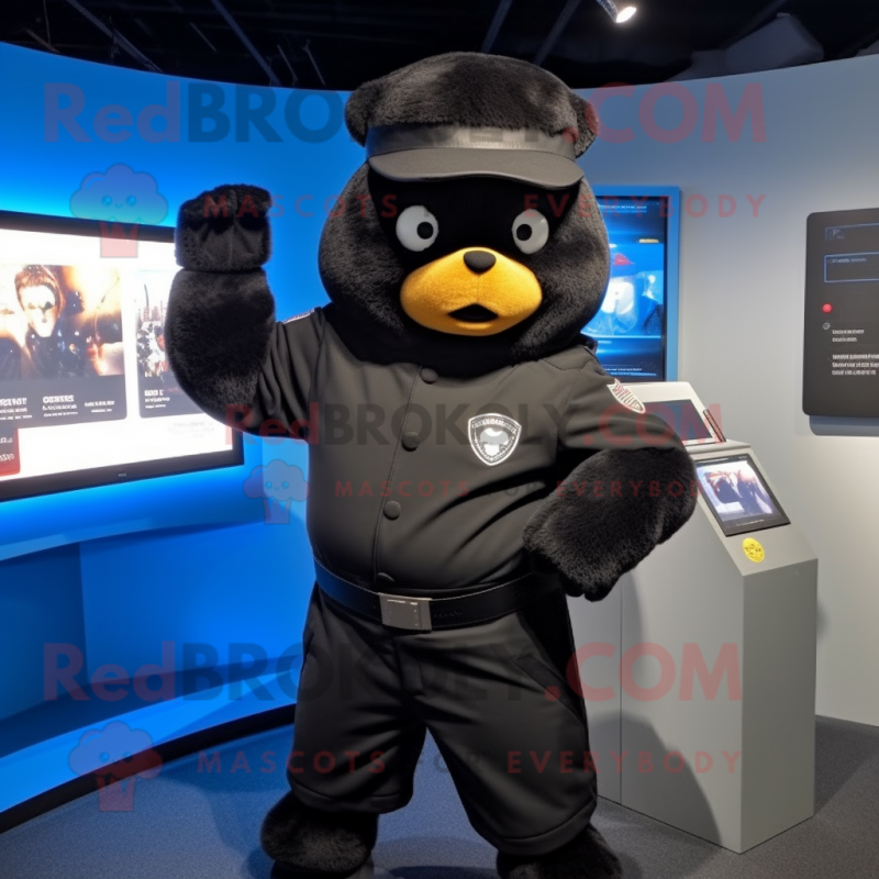 Black Police Officer mascot costume character dressed with a Hoodie and Cummerbunds Black Police Officer mascot costume character dressed with a Hoodie and Cummerbunds
