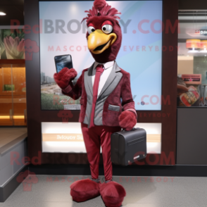 Maroon Emu mascot costume character dressed with a Suit Jacket and Wallets