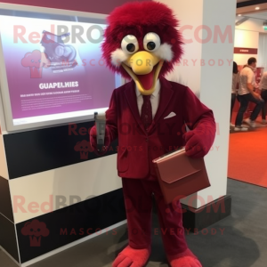 Maroon Emu mascot costume character dressed with a Suit Jacket and Wallets