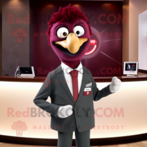 Maroon Emu mascot costume character dressed with a Suit Jacket and Wallets